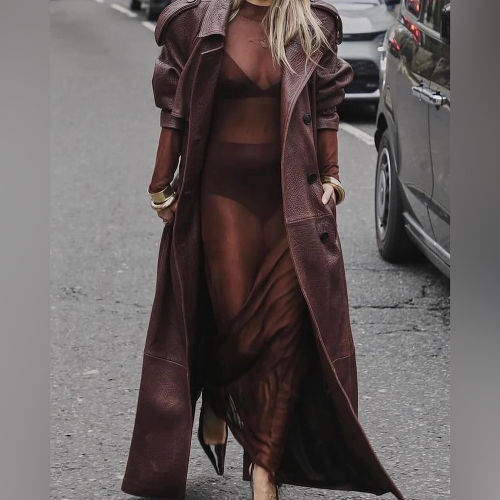 En Cuir Pebbled Leather Trench in Brown / Burgundy 100% Leather VERY OVERSIZED - Picture 12 of 14